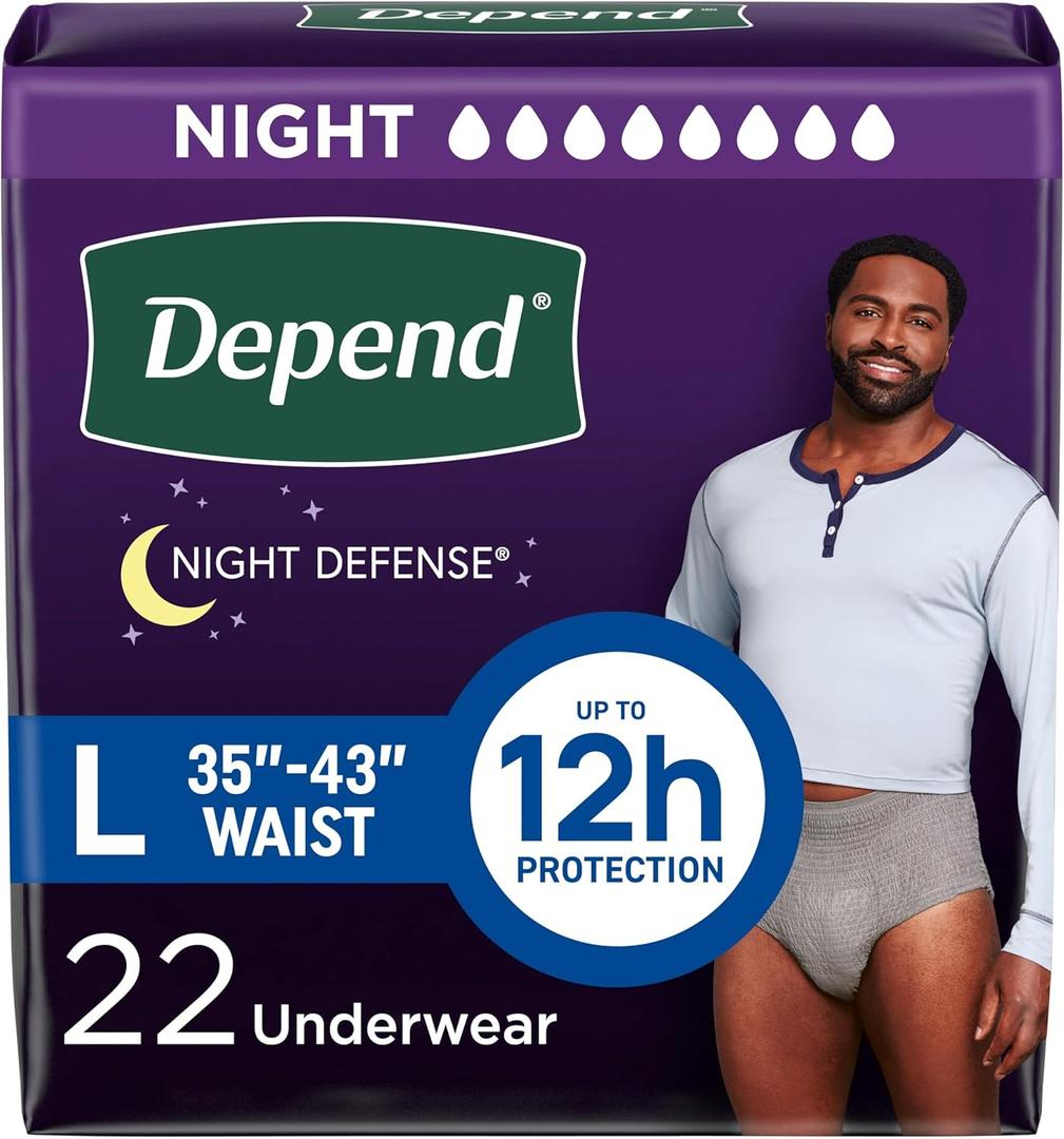 Depend Night Defense Adult Diapers, Incontinence Underwear for Men, Disposable, Overnight, Large, Grey, 22 Count, Packaging May Vary