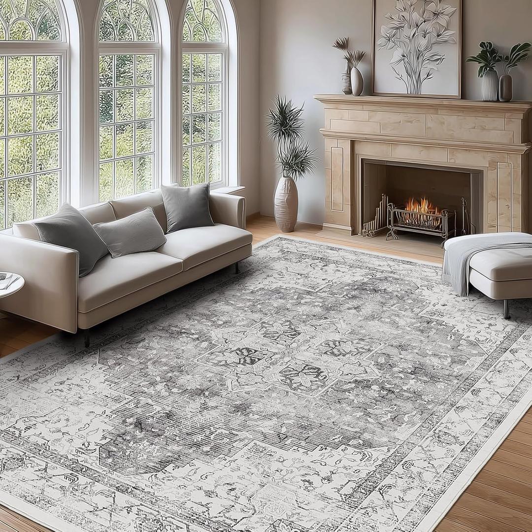 Area Rug 9x12, Non-Slip Low-Pile Gray Rugs, Vintage Distress Medallion Pattern Large Carpet for Large Living Room, Bedroom, Home Office, Playroom, Foldable & Machine Washable (Grey)