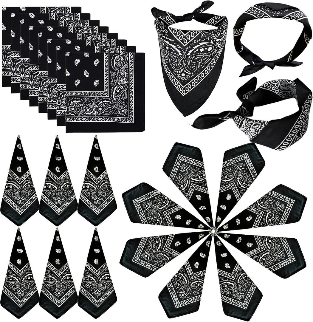 ILHSTY 32 Pcs Women Men Paisley Bandanas Bulk Unisex Cowboy Bandanas Head Scarf Necktie Face Cover Neon Party Supplies (Black)