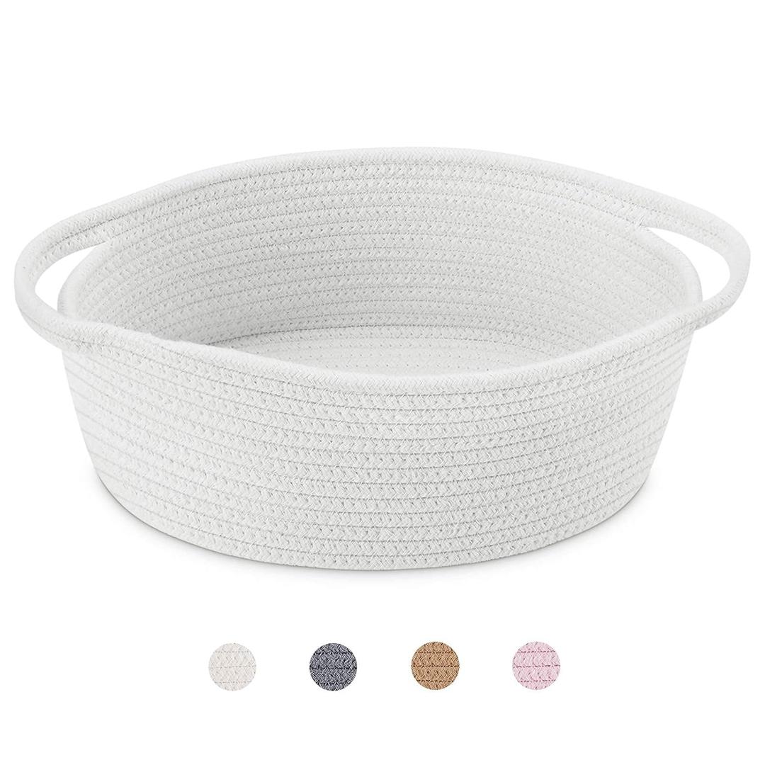 ABenkle Small Baskets with Handles - Decorative Durable Rope Woven Shelf Storage Organizer Bin, Gift Basket for Mother's Day Easter Baby Shower, 12"x8"x5", White (1 Pack)