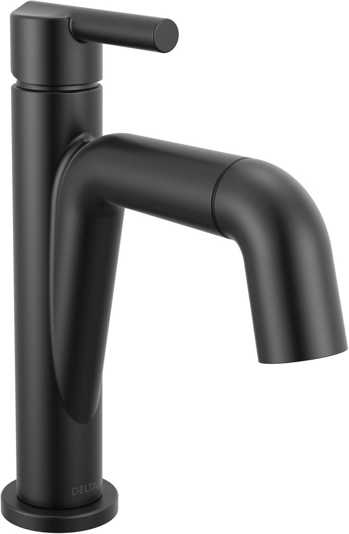 Delta Nicoli 1 Hole Matte Black Bathroom Faucet with Sprayer, Single Hole Bathroom Sink Faucet with Pull Out Sprayer for Vanity, Push-Pop Drain, Matte Black 15849LF-BLPD