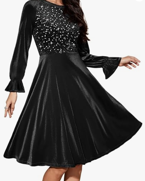 Bbonlinedress Velvet Sequin Cocktail Long Sleeve Dress for Women Velvet Vintage Wedding Guest Midi Dress (Large, Black)