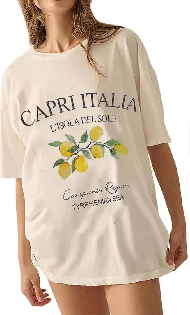 Oversized Vintage Graphic Tees Tshirts for Women Cute Lemon Fruit Tops Y2k California Aesthetic Baggy T Shirts Coastal Summer Preppy Clothes (White, L)