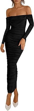 Women's 2026 Fall Long Sleeve Maxi Dress Off Shoulder Mesh Ruched Bodycon Trendy Long Wedding Guest Dresses, M Black