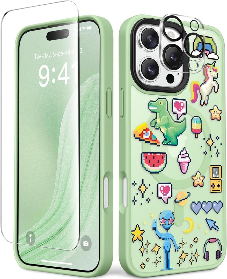 3 x GVIEWIN Magnetic for iPhone 16 Pro Max Case Compatible with Magsafe, [Screen & Camera Lens Protector] Fashion Pattern Translucent Shockproof Phone Cover for 16 Pro Max 6.9" (Carnival/Green)