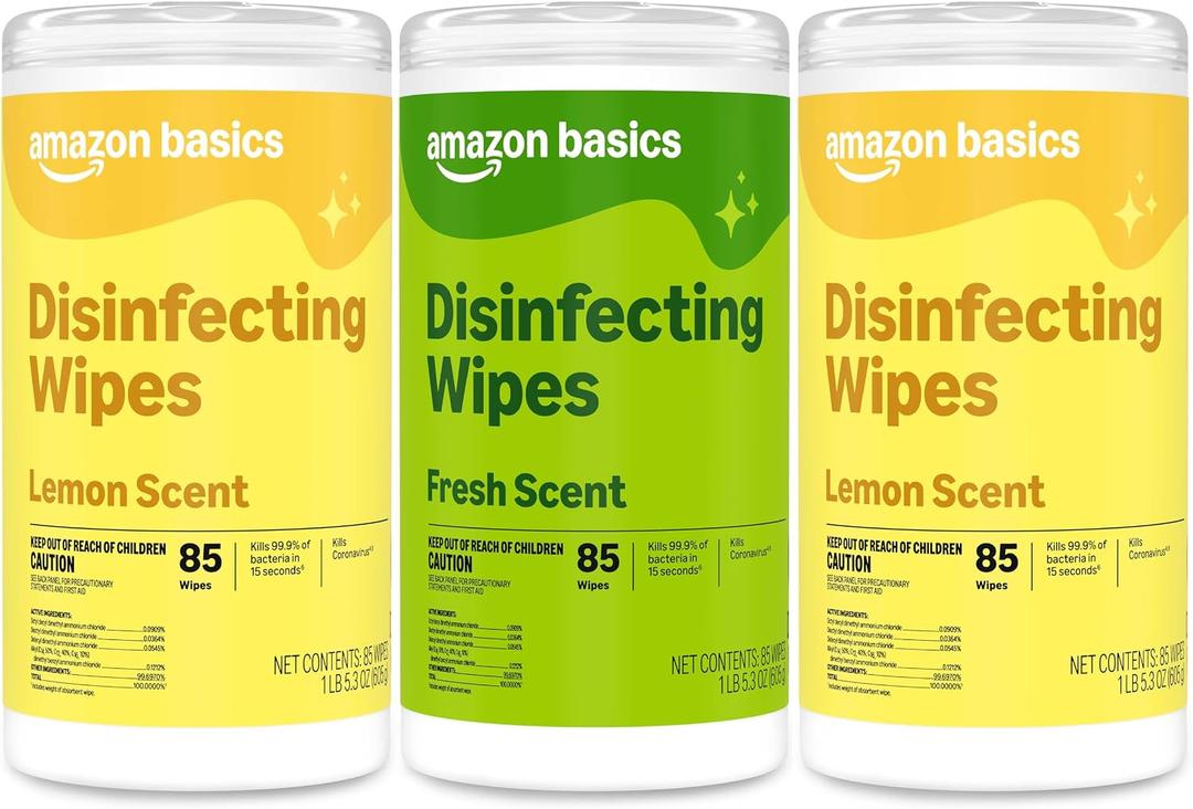 Amazon Basics Disinfecting Wipes, Lemon & Fresh Scent, Sanitizes/Cleans/Disinfects/Deodorizes, 255 Count (2 Packs Lemon, 1 Pack Fresh Scent)