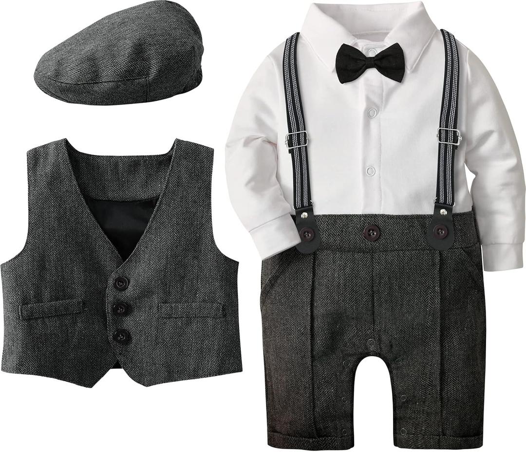 A&J DESIGN 4pcs Baby Boys Suit, 3 Months - 18 Months, Gentleman Romper & Vest & Berets Hat & Bow Tie, 80