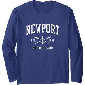 Newport RI Vintage Crossed Oars & Boat Anchor Sports Long Sleeve T-Shirt (Blue, S)