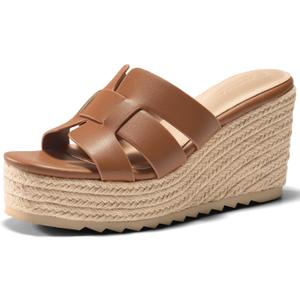Coutgo Women's Wedge Sandals Platform Espadrille Heels Open Toe Strappy Slip On Casual Summer Slide Shoes (9, Brown)