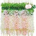 12Pcs Artificial Wisteria Hanging Flowers, 3.6Ft/Pcs White & Pink Fake Wisteria Garland for Wedding Party Home Garden Indoor Outdoor Decoration