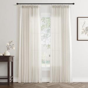 90 Inch Pinch Pleated Linen Curtains 2 Panel Set for Living Room Natural Cream Thick Linen Textured Drapes 90 Inches Long Pinch Pleat Drapes Birch Ivory Semi Sheer Curtain for Dining Bedroom Office