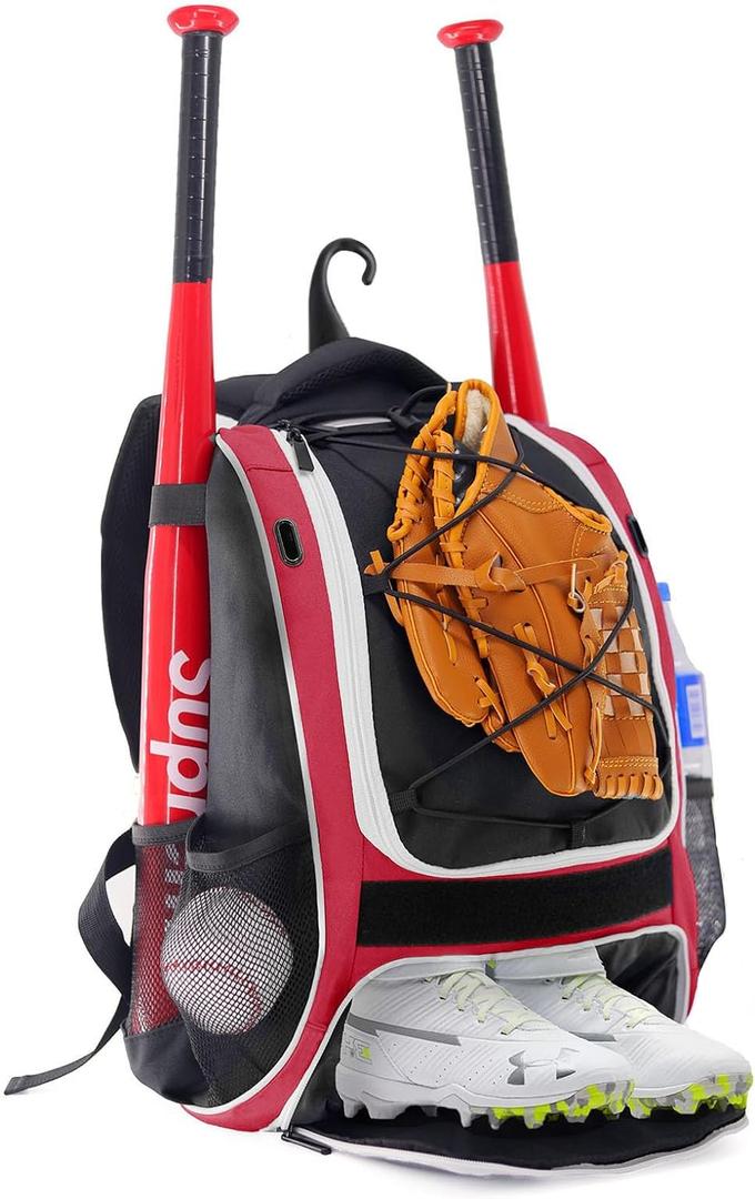 WOLT Youth Baseball Bag - Bat Backpack for Baseball, T-Ball & Softball Equipment & Gear, Bat & Glove Holder, Large Main Compartment for Helmet & accessories, Separate Shoes Compartment, Fence Hook (Red)