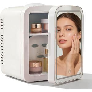Lispin 4L Mini Skincare Fridge with Dimmable LED Mirror, Portable Beauty Refrigerator for Makeup, Cosmetic, Personal Small Refrigerator with Cooler and Warmer for Bedroom, Office and Car (White-4L-A), 21.7" mini