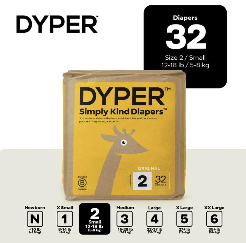 DYPER Monthly Pack Baby Diapers Size 2 (12-18 lbs) 32 Count - Leak-Proof & Plant Based, Hypoallergenic and Ultra Absorbent Size 2 Diapers for Day and Overnight Skin Protection 