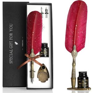 VANGOAL Vintage Carving Feather Pen Set, Glittering Quill Pen Set Antique Calligraphy Writing Dip Pen with Ink, 2 Replacement Nibs, Pen Stand Base, Luxury Vintage Signature Pen (Red)