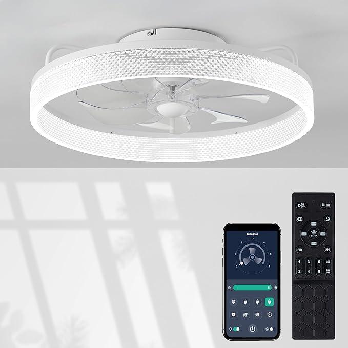 zouzai Ceiling Fans with Lights, Flush Mount Ceiling Fan with Lights and Remote, 6 Wind Speeds Smart Low Profile Ceiling Fan for Bedroom