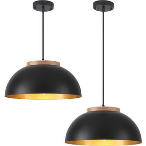 Wood Pendant Lights, 15.7" Black and Gold Pendant Light for Kitchen Island, Farmhouse Hanging Lights for Dining Room, Living Room, Bedroom, Bar, Adjustable Pendant Light Fixtures, 2 Pack