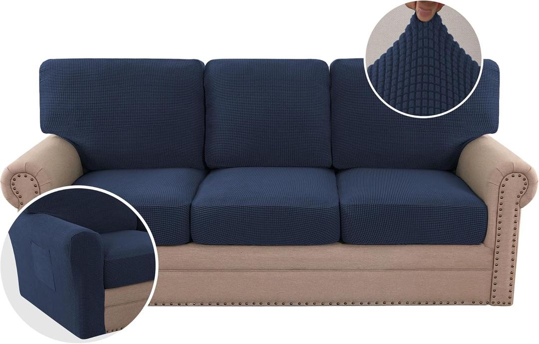 H.VERSAILTEX Multi-Pieces Sofa Covers Stretch Couch Covers Form Fitted Seats and Back Cushions Covers (3 Seat Covers Plus 3 Back Cusion Covers, Bonus 2 Armrest Covers), Navy