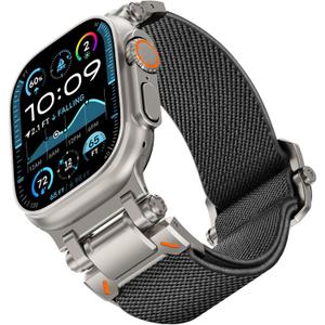 FULLIFE Stretchy Bands for Apple Watch Ultra 3/2/1 Band 49mm 46mm 45mm 44mm for Men, Rugged Solo Loop Nylon Sport Elastic Braided Straps for iWatch Series 11 10 9 8 7 6 5 4 3 SE3 with Metal Connector (Titanium Adapter-Gray)