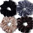 IVARYSS Extra Large Scrunchies for Women's Thick Hair, Premium Velvet Soft Jumbo Scrunchy, XL 6 inch Big Elastic Band Hair Accessories, 4 Pack, Neutral