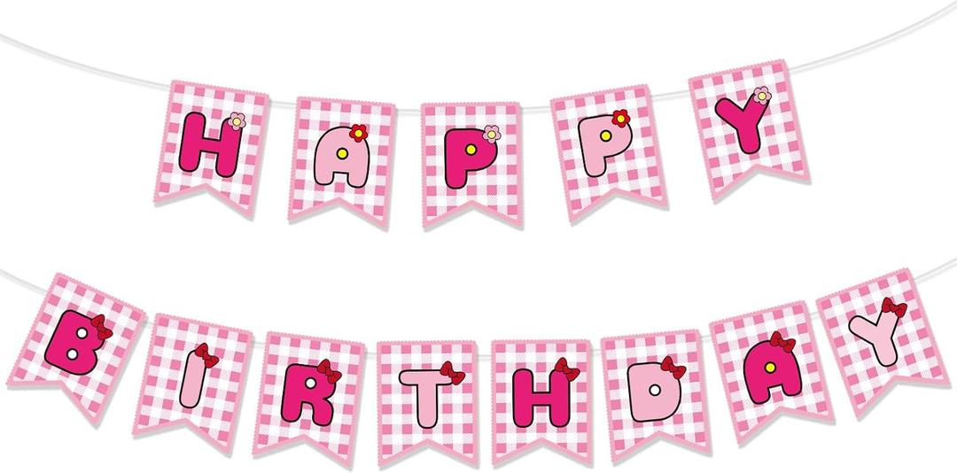 Kawaii Birthday Party Decoration, Cute Pink Plaid Happy Birthday Banner with Bow Flower Cartoon Themed Backdrop for Girls Women Sweet Party Supplies