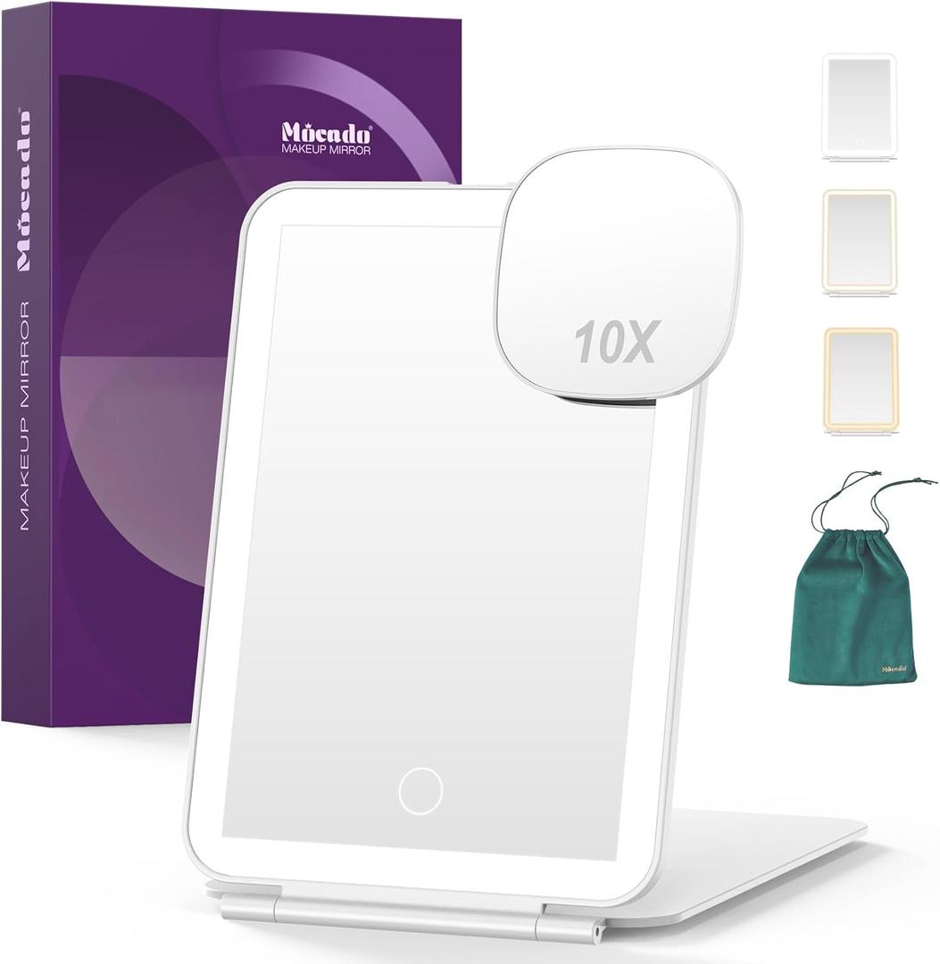 Mocado LED Foldable Travel Makeup Mirror - 5x7 inches 3 Colors Light Modes USB Rechargeable Touch Screen, Portable Tabletop Cosmetic Mirror for Travel, Cosmetic, Office (White)