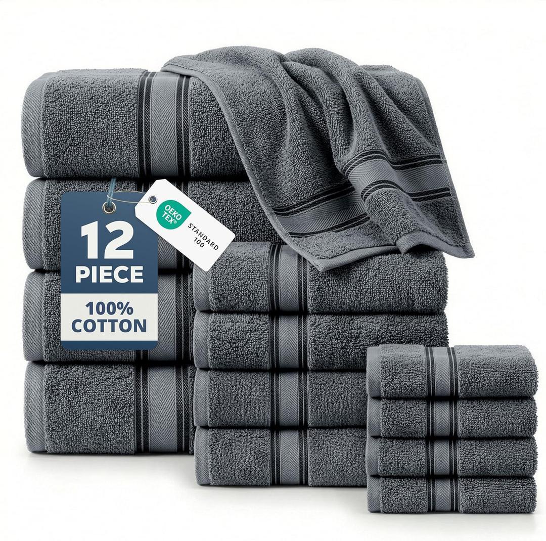 LANE LINEN Towel and Washcloths Set of 12  100% Cotton, Zero Twist, 4 Large Bath Towel, 4 Hand Towels & 4 Wash Cloths, Quick Dry & Long-Lasting, Perfect for Family Bathrooms, Easy Care  Cool Grey