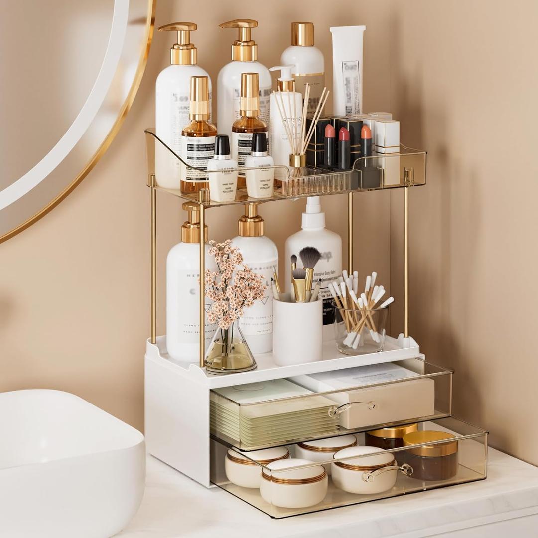 4-Tier 2-Drawer Bathroom Organizer Counter Organization, Multi-Purpose Makeup Skincare Organizers with Compartment, Easy to Install, Exquisite Vanity Shelves, Amber
