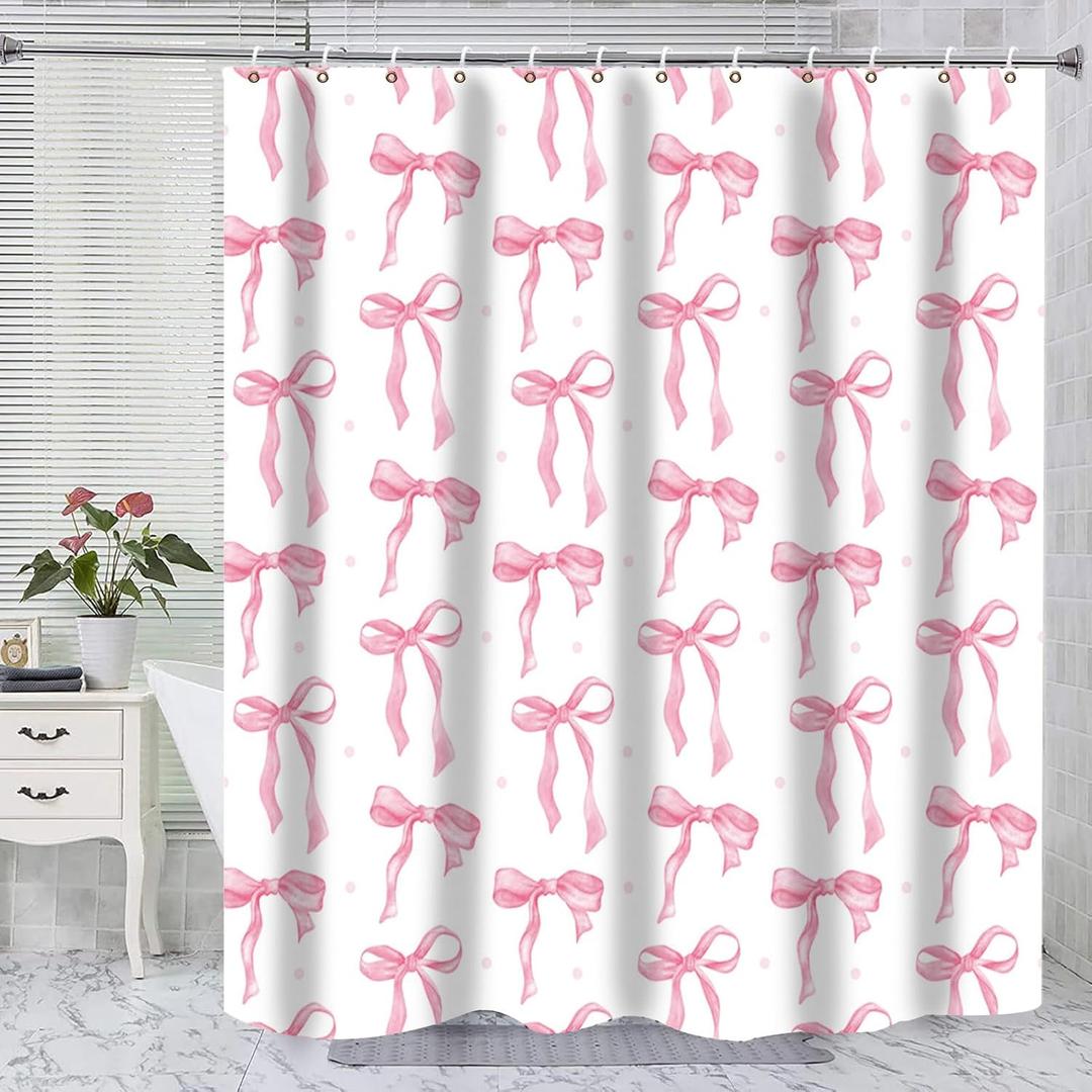 Shower Curtain Bows Pink and White Bow Shower Curtain, Cute Pink Bow Bathroom Decor Waterproof Fabric White Pink Ribbon Shower Curtain Set Bows with Hooks Coquette Bath Curtain for Girls 72x72 Inch