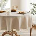 Linen Tablecloth with Tassels, Farmhouse Style Beige Tablecloth, Water Resistant Burlap Tablecloths for Round Table, 52 Inch Round Natural