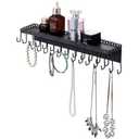 MyGift 15 Inch Wall Mounted Matte Black Metal Jewelry Organizer & Display Shelf with Vintage Lace Design, Hanging Perfume Storage and 26 Hook Necklace Hangers
