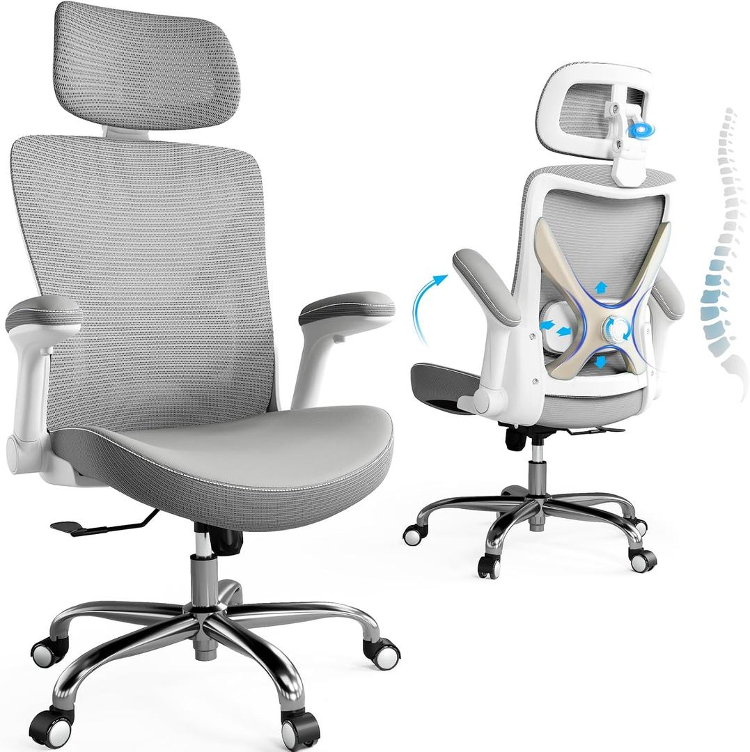 Ergalithic Office Home Ergonomic Desk Chair-Computer X-Shaped Chair Mesh PU Leather with Adjustable Lumbar Support-Executive Chair High Back with Headrest Flip-Up Arms for Long Hours (Grey), 24.8" W X 25.98" D X 47.24" H