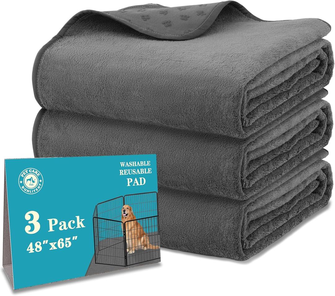 Bunlitent Washable Pee Pads for Dogs 65'' x 48'', 3 Packs Extra Large Reusable Dog Mat with Quick Dry, Fast Absorbent Pet Whelping Pads, Puppy Playpen Mat for Incontinence, Housebreak, Crate, Grey (Gray)