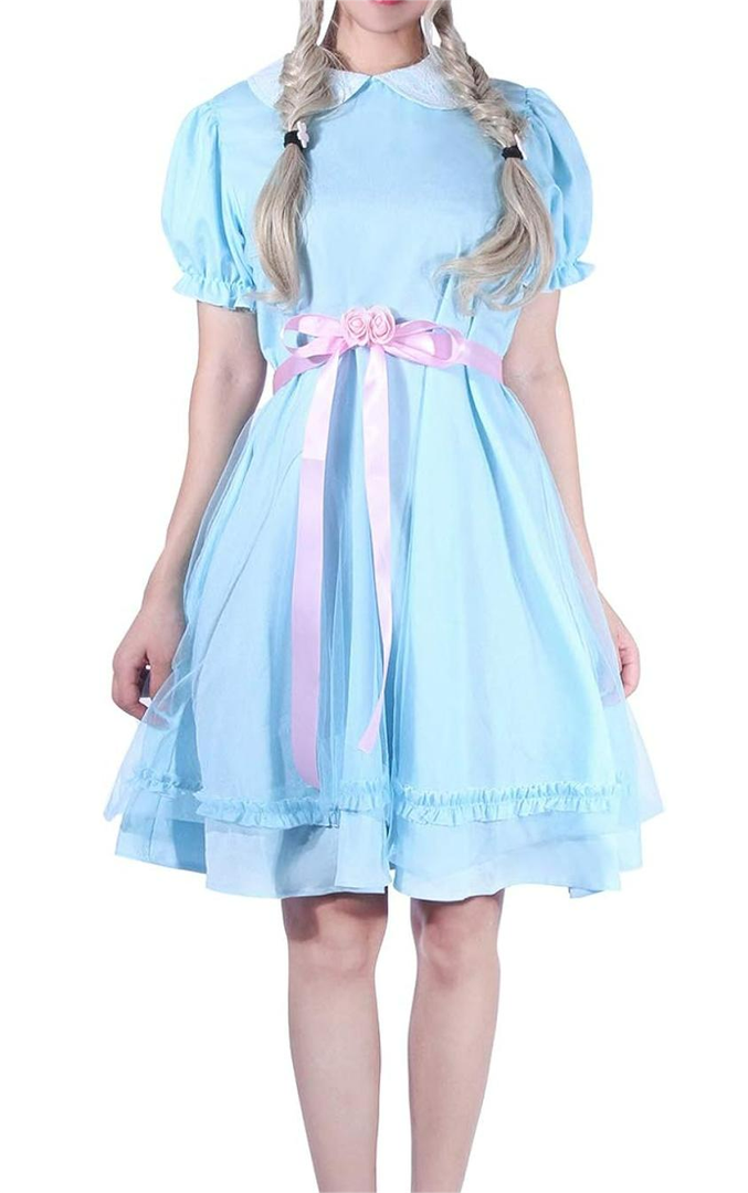 CR ROLECOS Women's Blue Chiffon Dress Puff Sleeves Halloween Party Cosplay Costume, Blue, Size XL