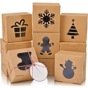 COTOPHER 30Pcs Christmas Cookie Boxes with Window, 4x4x2.5 inch Brown Bakery Boxes for Gift Giving, Mini Cake Boxes Holiday Pastries Boxes for Cakes Muffins Donuts Chocolate Strawberries