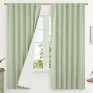 LAMIT 100% Blackout Natural Linen Curtains, 63 Inches Linen Textured Thermal Bedroom Curtains Back Tab and Rod Pocket Neutral Panels with White Liner for Farmhouse, 2 Panels, 52 x 63 Inch, Light Green