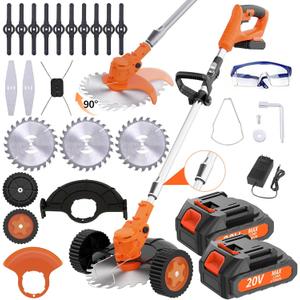 Cordless Electric String Trimmer, Orange, Battery Powered, 5.9-Inch Cutting Width, 4 Blade Models, 2 Lithium Batteries, 49x6.5 Inches (Upgraded Orange + 2 Batteries)