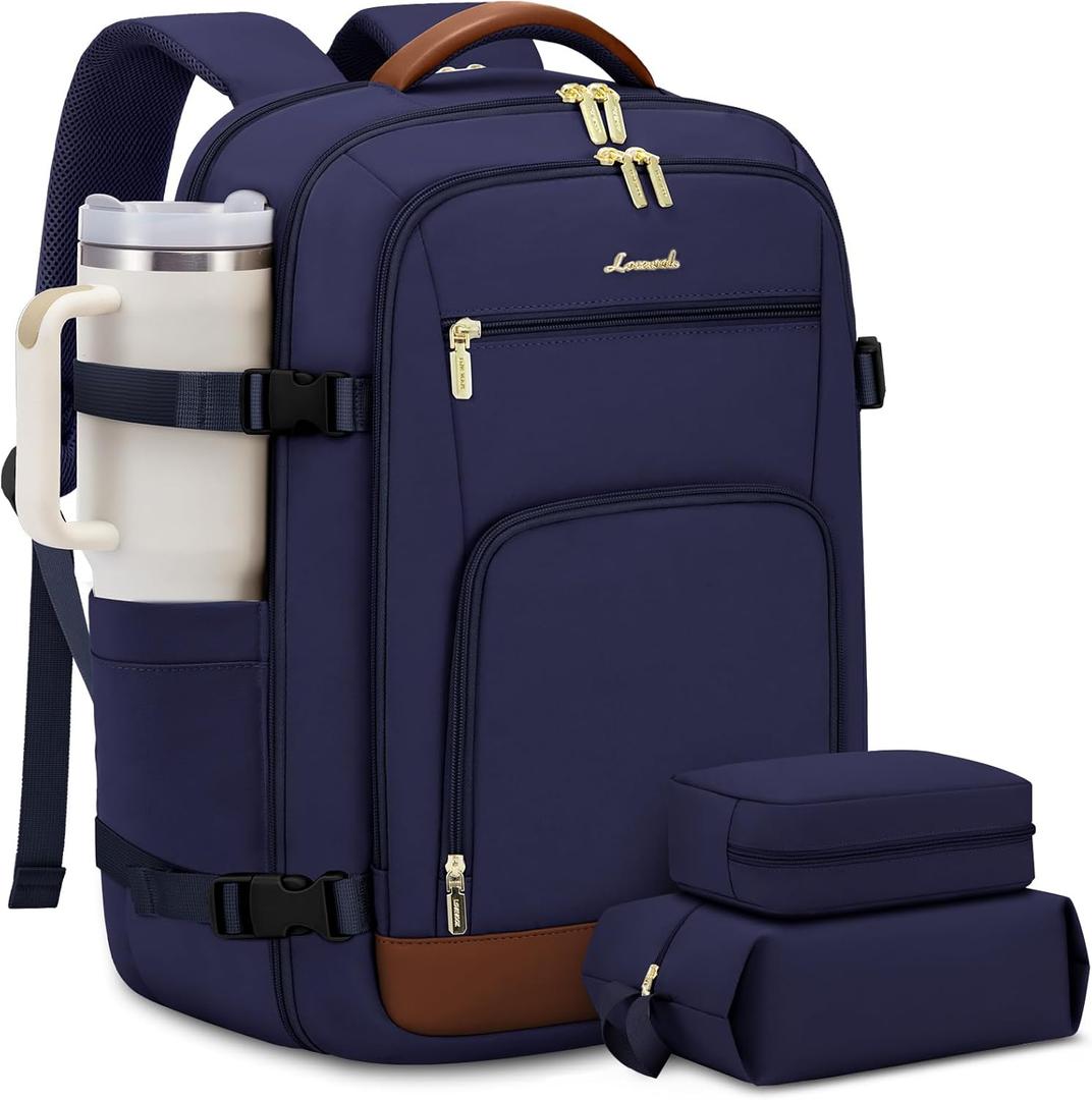 LOVEVOOK Travel Backpack For Women Flight Approved, 40L Large Carry On Backpack, Personal Item Travel Bag for Airplanes, Business 17 Inch Laptop Backpack, Weekender Overnight Daypack, With 2 Cubes (Dark Blue-brown)