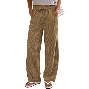 Women's Striped Barrel Pants Drawstring Waist Wide Leg Trousers Pockets Casual Comfort for Office Lounge Travel (Large, Darkkhaki)