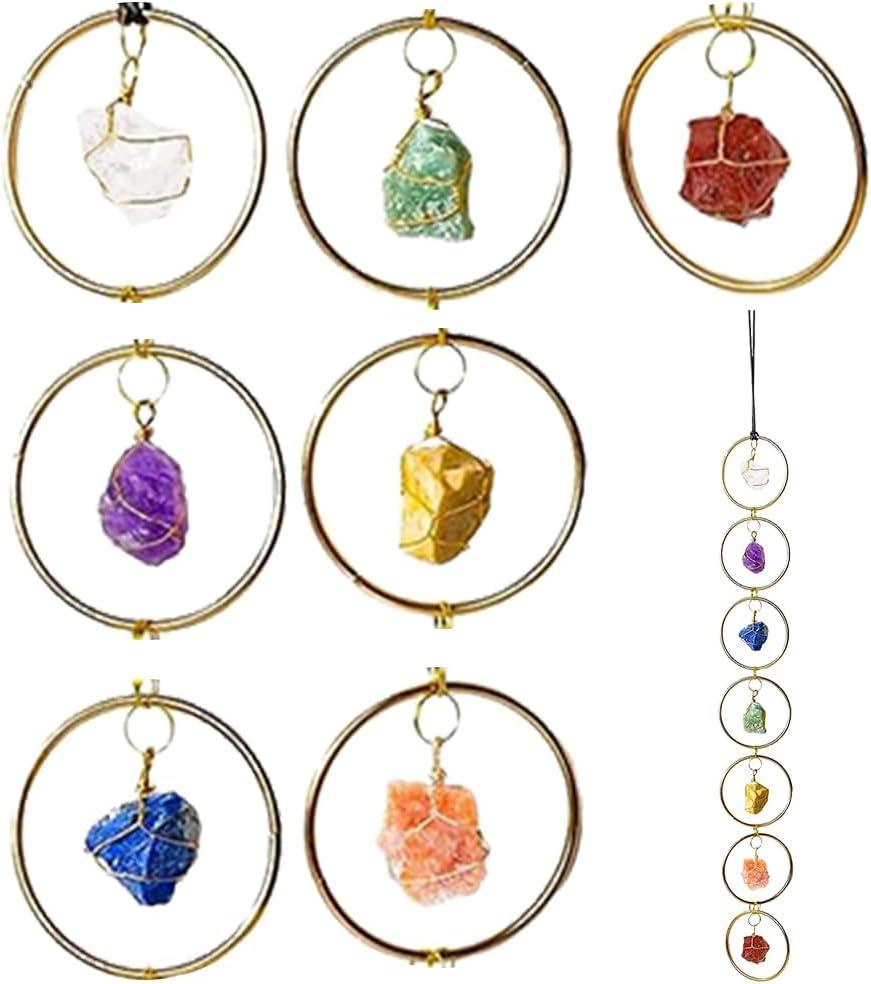 Crystal Wall Decor 7 Chakra Stones Hanging Ornament Raw Gemstone Pendant Decorative Spiritual Home Decor with Gift Box for Meditation (Gold)