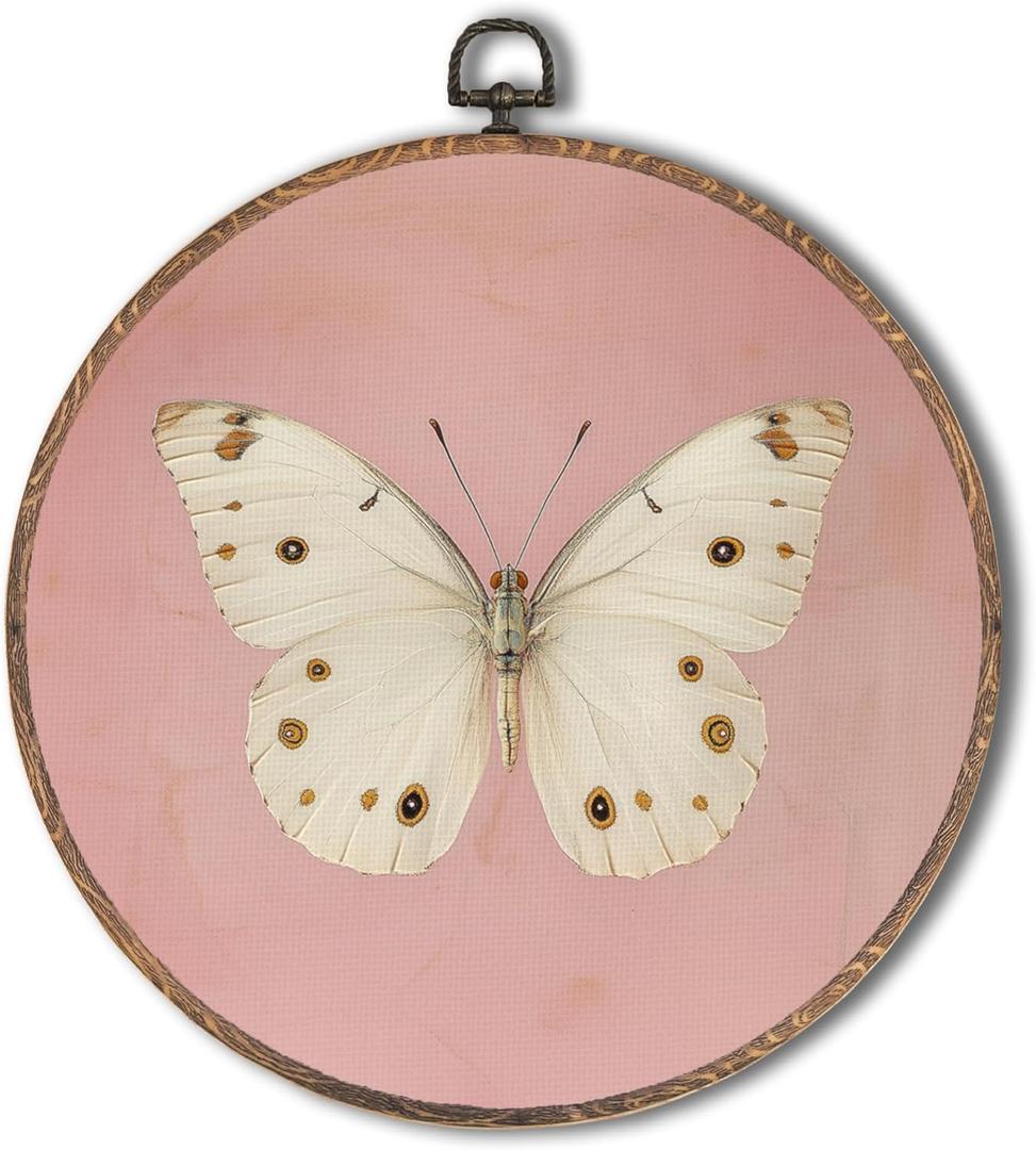 Tzhim Pink Vintage Butterfly Round Wall Art, Neutral Moody Butterfly Round Wall Decor Framed, Retro Moth Canvas Wall Sculptures for Home Bedroom Living Room Decor, 10x10 Inch (color_2)
