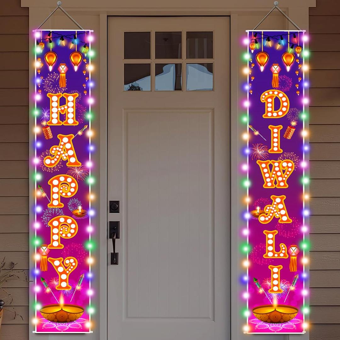 Happy Diwali Porch Banner with Light Diwali Decorations Welcome Sign for Porch and Wall Indian Deepavali Celebration Banner Indian Festival Door Hanging Decor