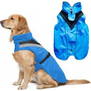 Waterproof Dog Rain Coat, Reflective Safety Strips & Leash Hole Lightweight Adjustable Jacket for Medium Breeds - L, Blue