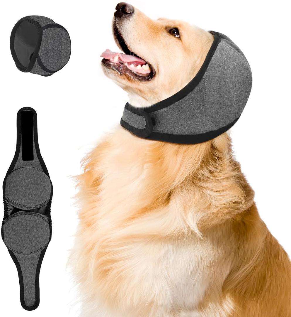 Upgraded Dog Ear Muffs for Noise Protection & Bath, No Shake EarWrap for Hematoma Prevention, Drying & Anxiety Relief, Elastic Waterproof Dog Ear Protector with Soundproof Sponge (Grey, Large)