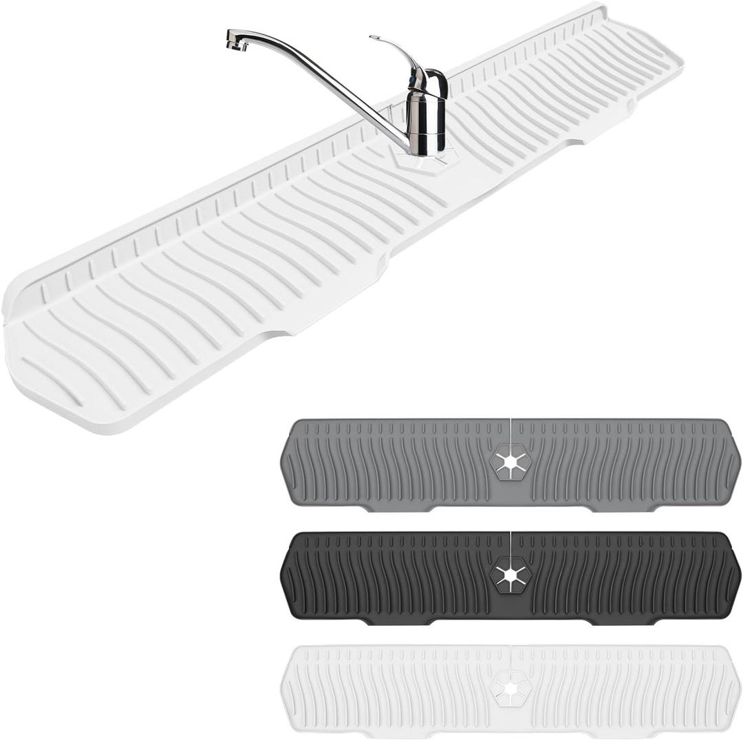 Faucet Guard - 90 Foldable Draining Mat for Kitchen Sink with 2 Drain Ports, Suitable for Bathroom, etc (White, 29.9"*5.9")