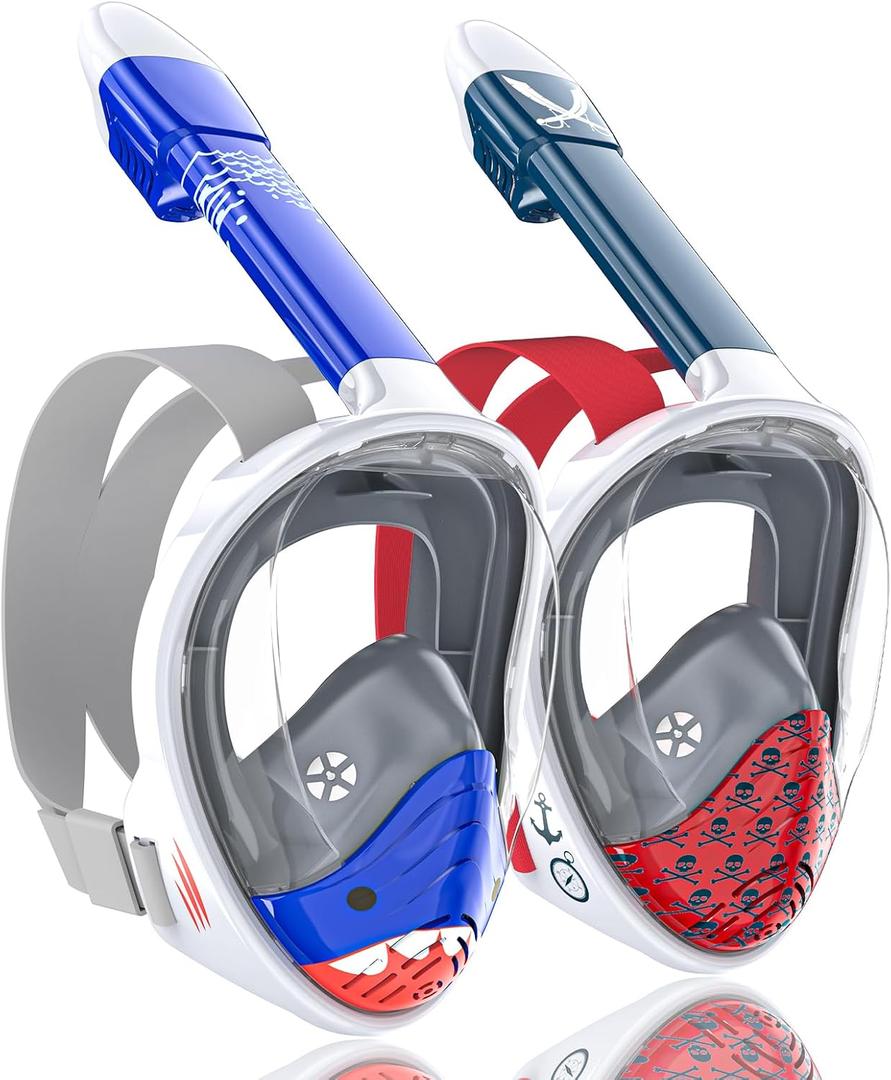 QingSong Kids Snorkel Mask Full Face, Snorkeling Set with Camera Mount, Foldable 180 Degree Panoramic View Snorkeling Gear Anti-Fog Anti-Leak (X-Small, White Blue/White Red) 