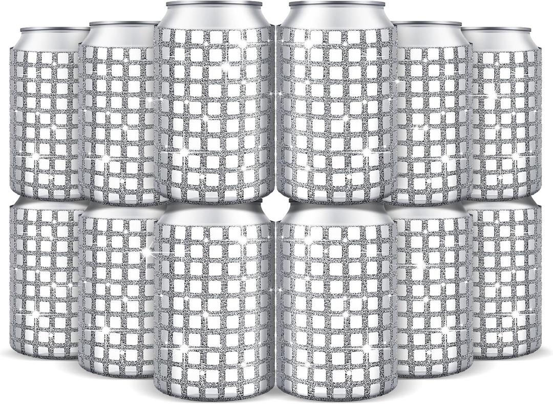 12 Pcs Disco Party Supplies Disco Ball Can Cooler Sleeves Retro 70s 80s Theme 12 oz Bling Beer Can Sleeves for 70s Birthday Wedding Bachelorette Party Decorations