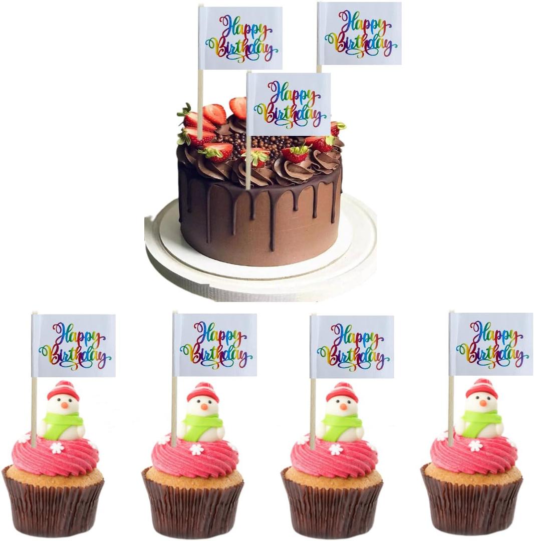 100 Pcs Rainbow Happy Birthday Cupcake Flags Mini Happy Birthday Party Theme Toothpick Stick Flags Happy Birthday Anniversary Cupcake Toppers Cocktail Food Flag Decorations (Multicolored)