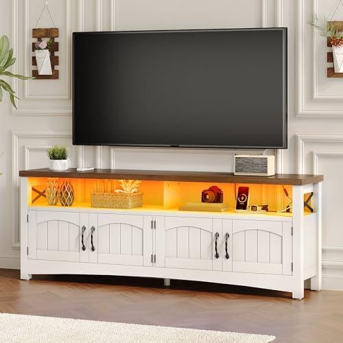 DWVO Farmhouse TV Stand for 65 inch TVs, LED Entertainment Center with Storage, TV Console with Power Outlets, Wooden Bar Coffee TV Table with Shelves for Living Room (Rustic White)