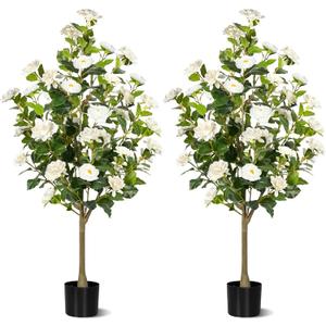 4FT Artificial Camellia Tree 2 Pack, Faux Floral Plant in Cement Pot Fake Silk Camellia Plants for Home House Living Room Office Decor